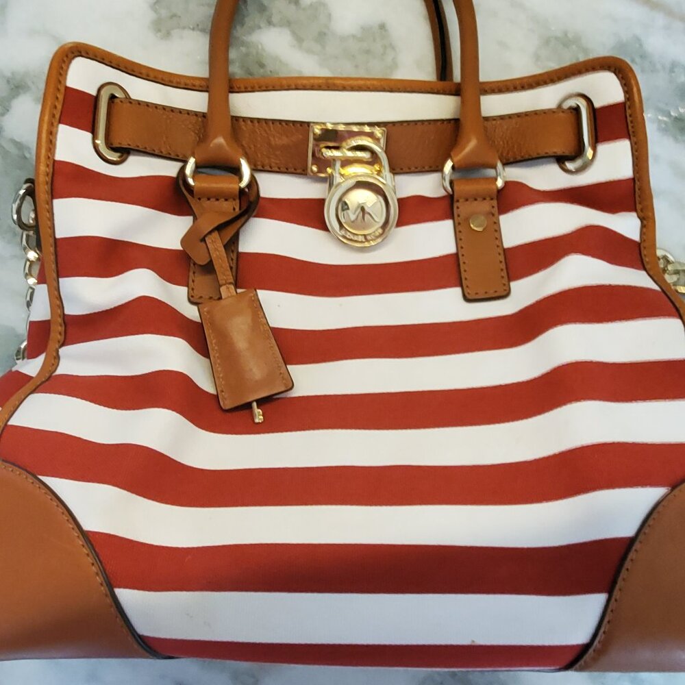 NWOT -Michael Kors Hamilton Red & White Striped Nautical Satchel Gold Lock & Key